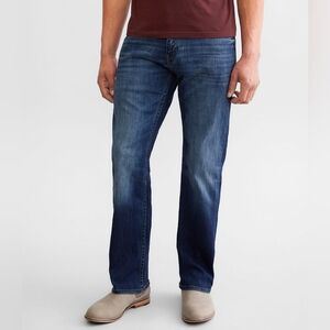 BKE Carter Jeans Men's 34S Blue Bootleg Double Stitching Whiskering Embellished